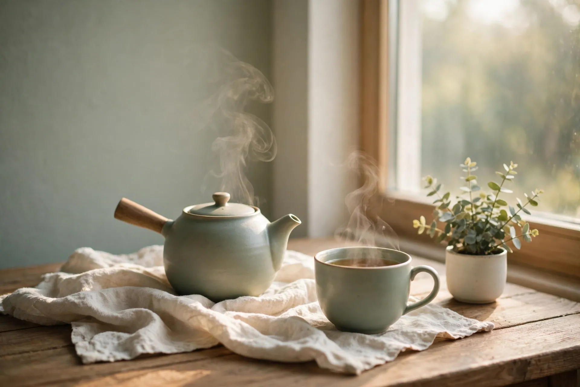A steaming ceramic teapot and cup on a wooden table beside a bright window in soft morning light